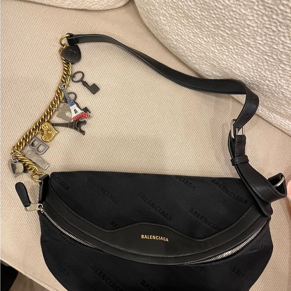 Authentic Balenciaga Black Shoulder Bag with Gold Accents